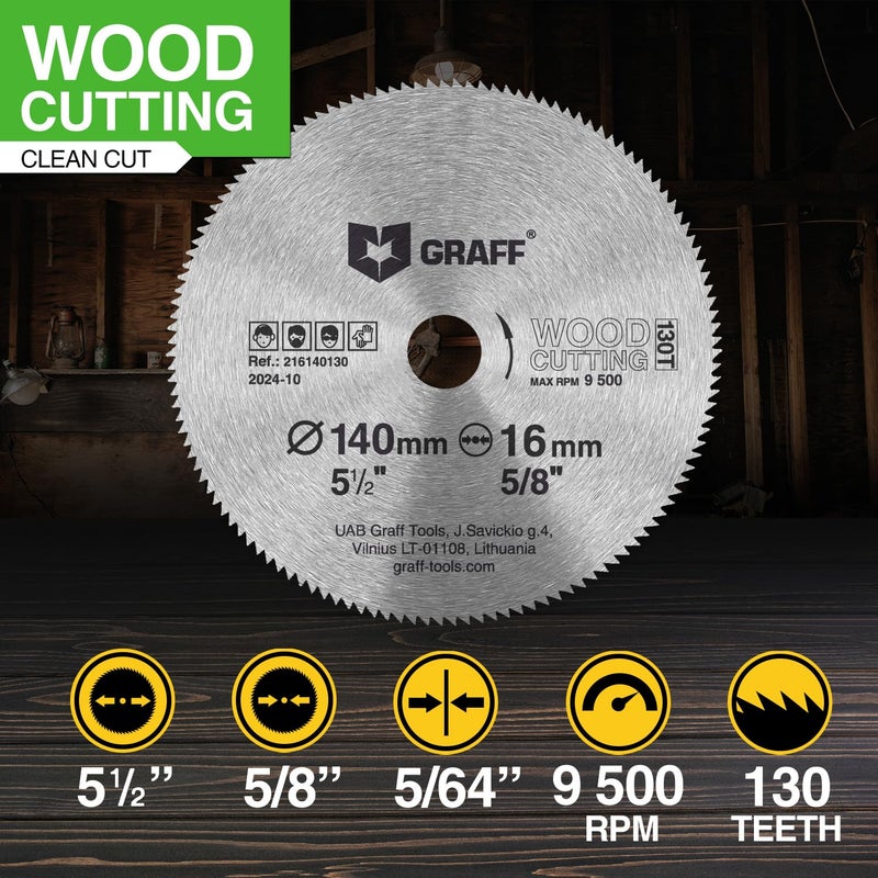 GRAFF 5 1/2 Inch Circular Saw Blade for Wood, Plywood, Laminate, Drywall, Plastic – 130T Wood Cutting Disc with 5/8 Inch (16 mm) Arbor from - Image 2